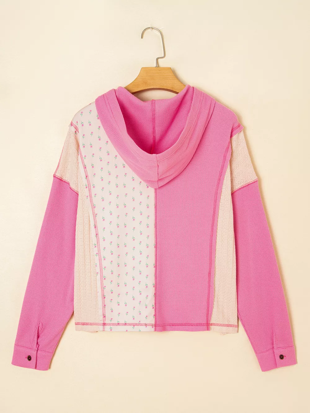 Mixed Texture Waffle Floral Patchwork Hooded Oversize Pullover, image 6