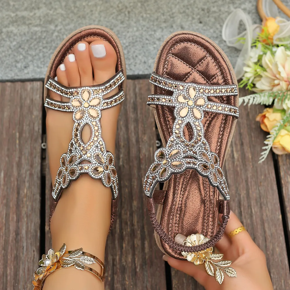 Rhinestone Embellished Flower Flat Sandals, image 4