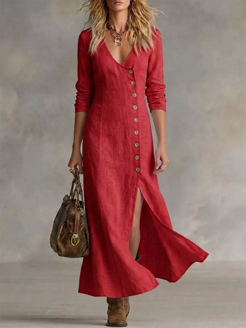 Full Size Button Front Slit Maxi Dress Plus Size, image 5