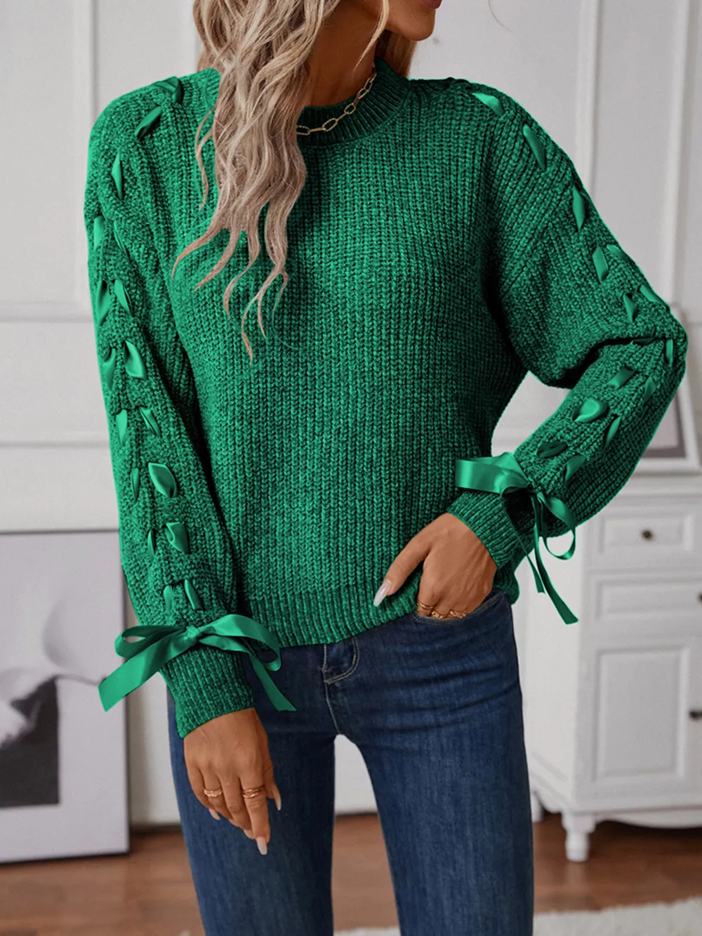 Ribbon-Tie Sleeve Round Neck Sweater, image 4