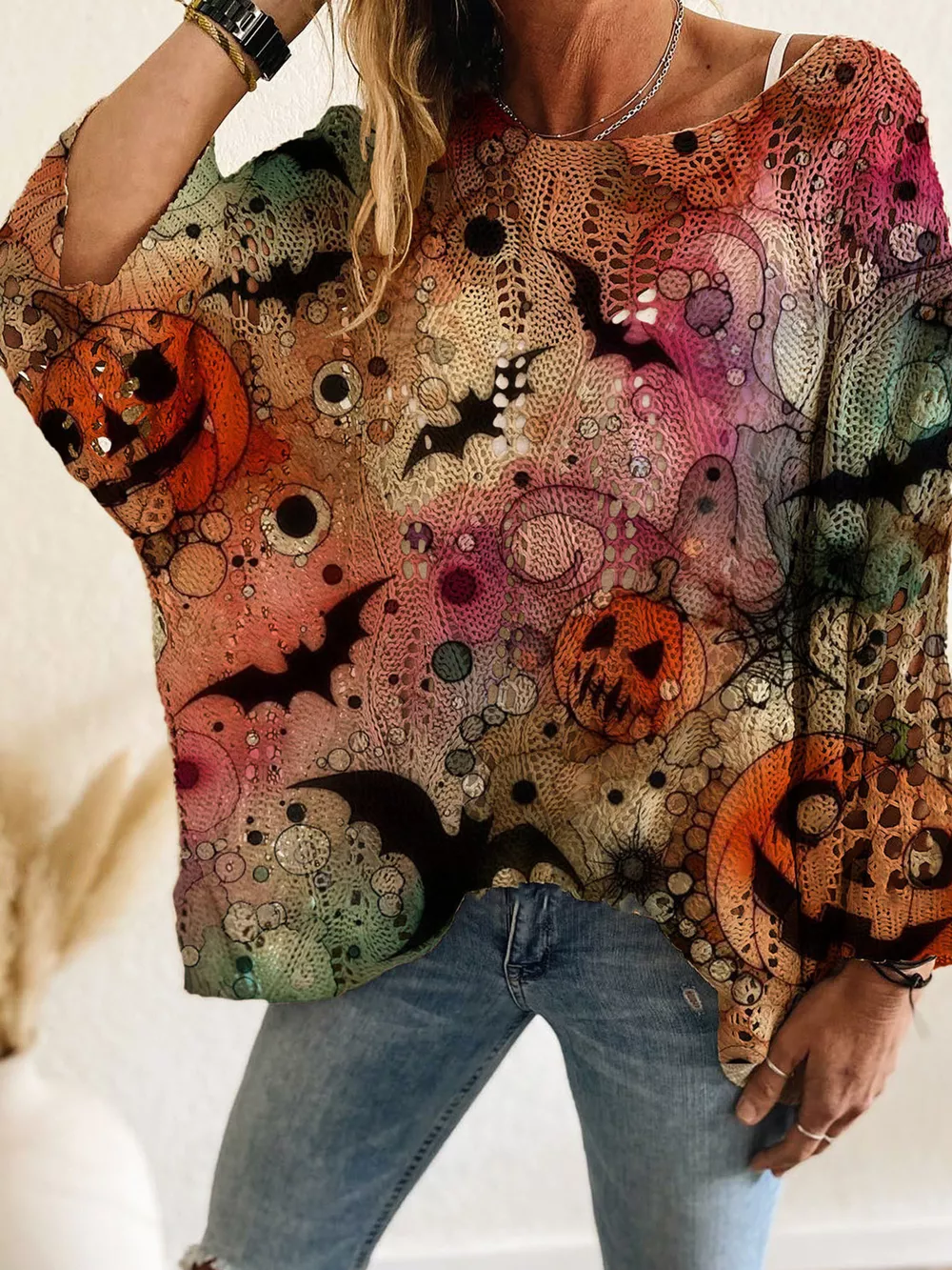 Full Size Halloween Pumpkin Loose Knit Cover Up Plus Size, image 5