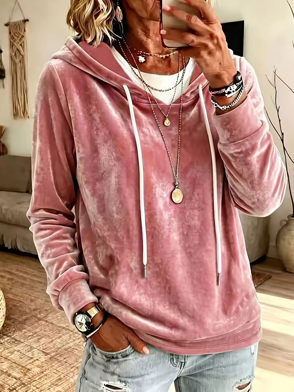 Full Size Drawstring Velvet Long Sleeve Hoodie Plus Size, image 9
