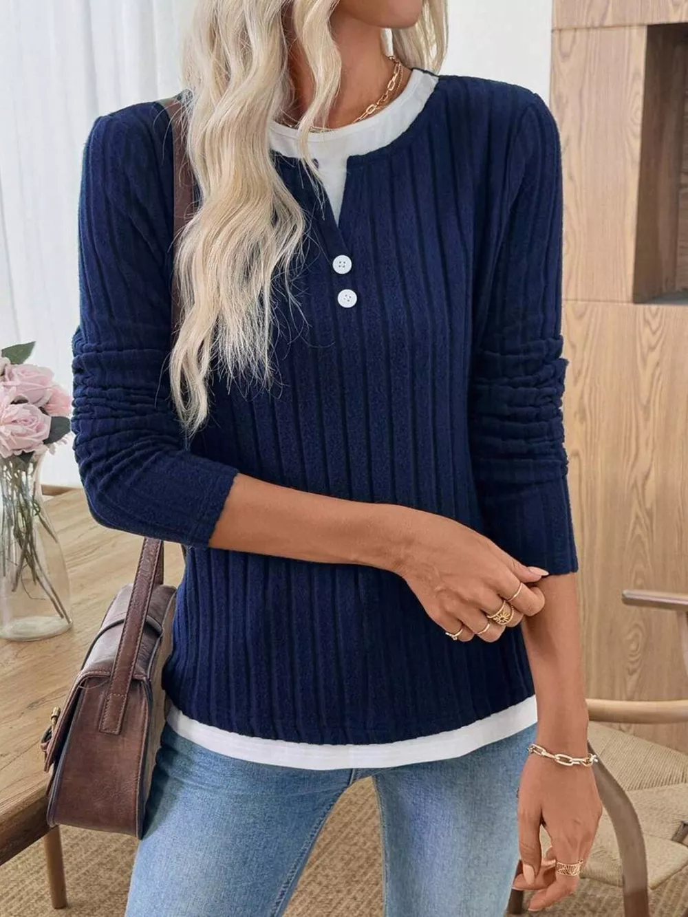 Ribbed Knit Button Detail Contrast Sweater, image 9