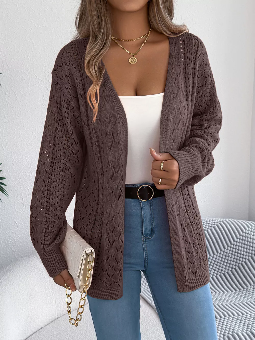 Openwork Open-Front Long Sleeve Cardigan, image 7