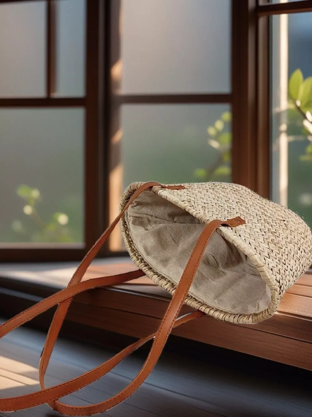 Woven Straw Shoulder Bag with Leather Accents, image 4