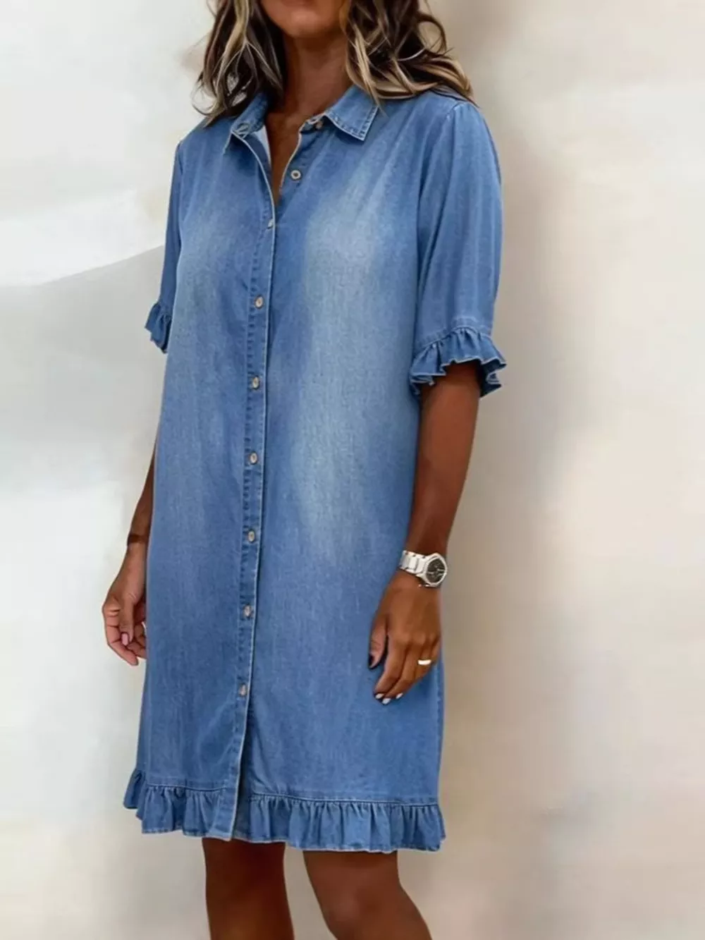 Full Size Ruffled Hem Denim Shirt Dress Plus Size, image 2