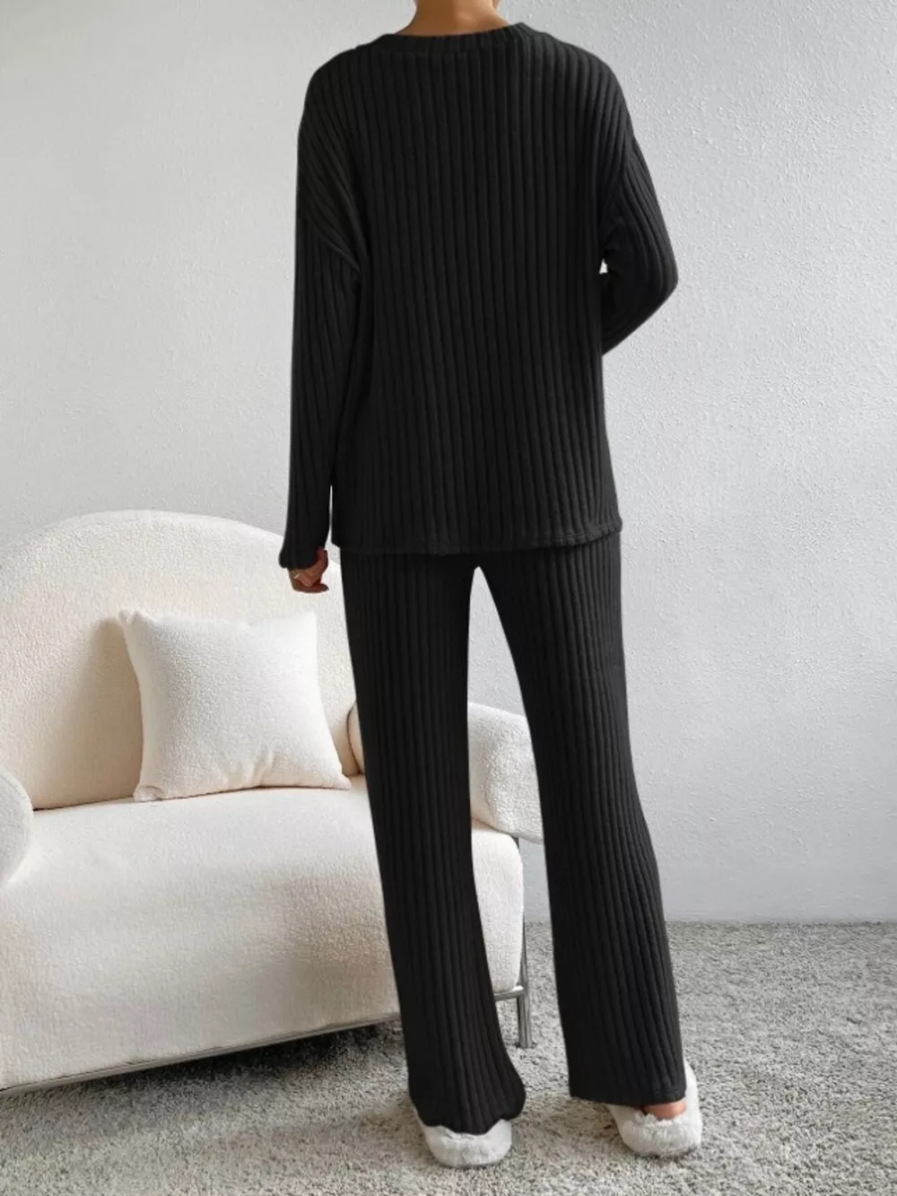 Ribbed Knit V-Neck Top and Pants Set, image 7