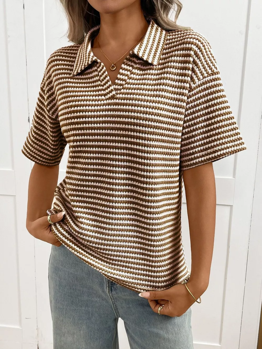 Striped Knit Short Sleeve Top, image 2