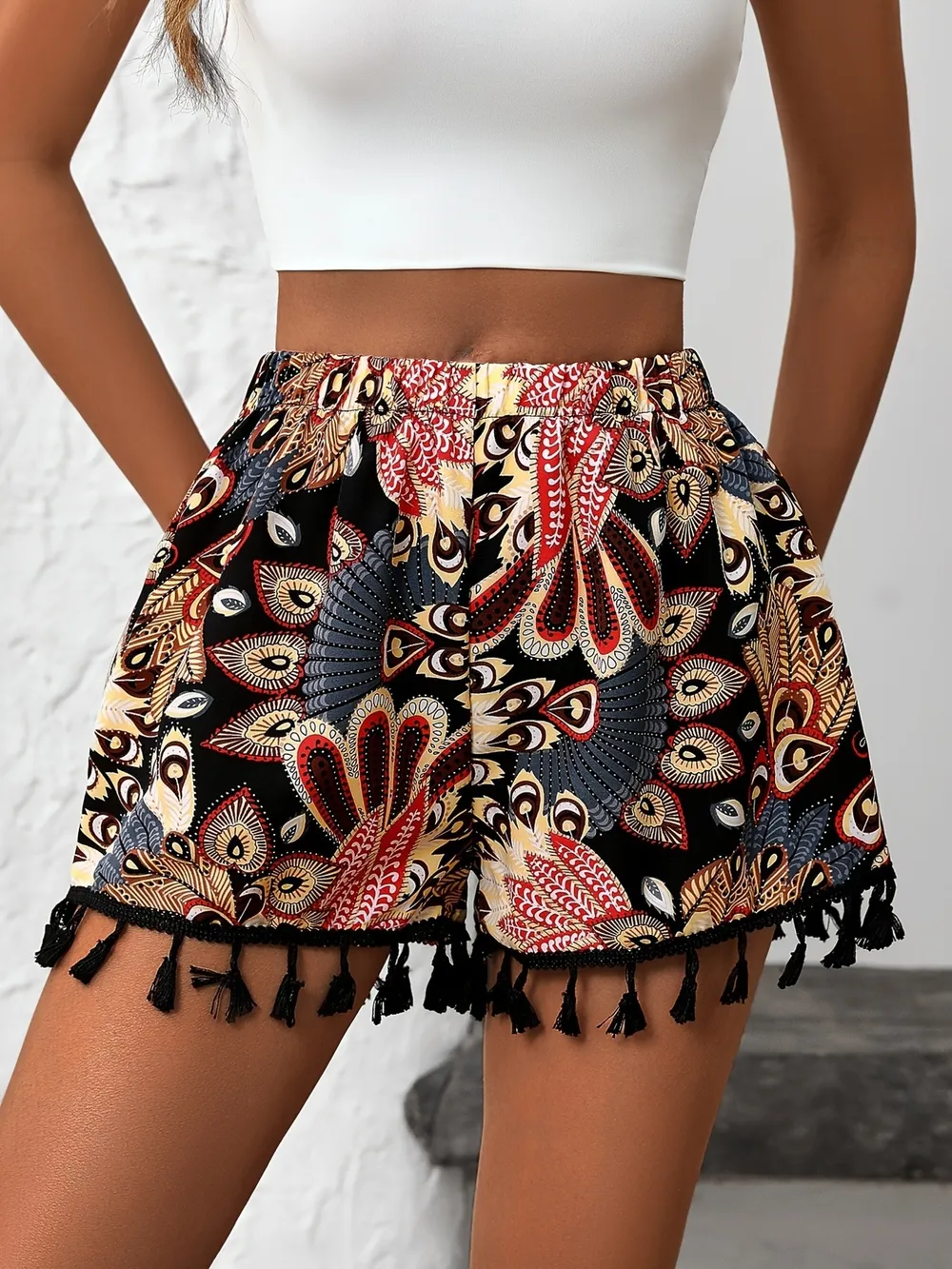 Paisley Print Tassel Hem Shorts, image 3