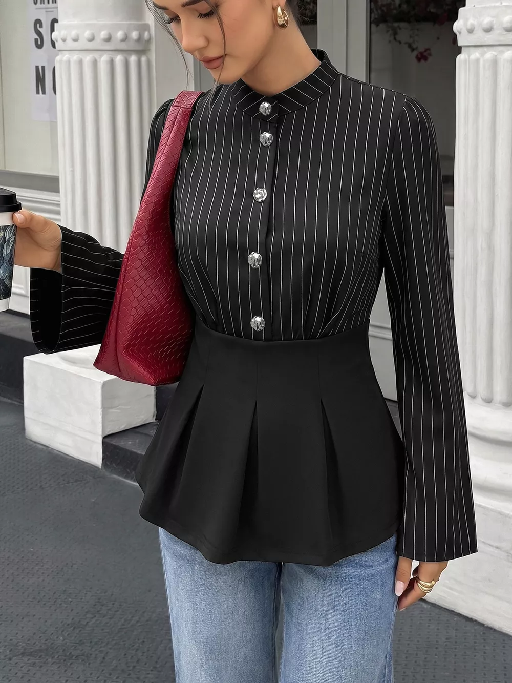Striped Long Sleeve Peplum Blouse, image 2