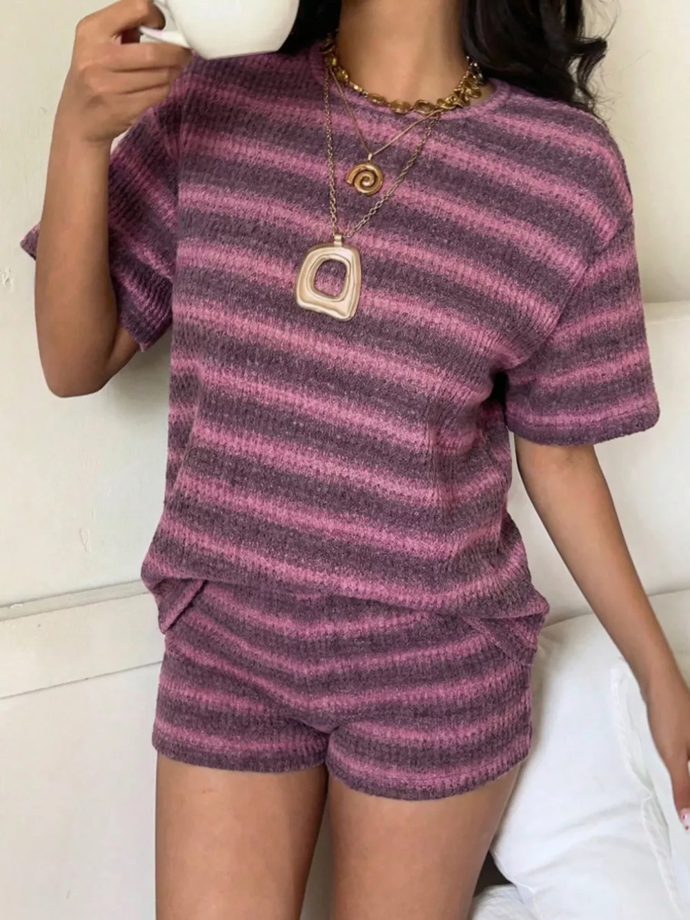 Striped Textured Knit Top and Shorts Set, image 13