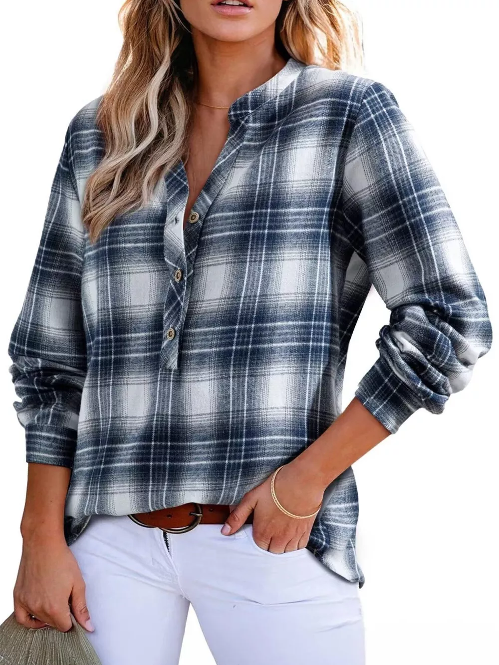 Plaid Half Button Long Sleeve Blouse, image 22