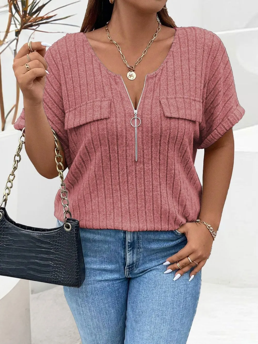 Plus Size Ribbed Half Zip Relaxed Fit T-Shirt, image 18