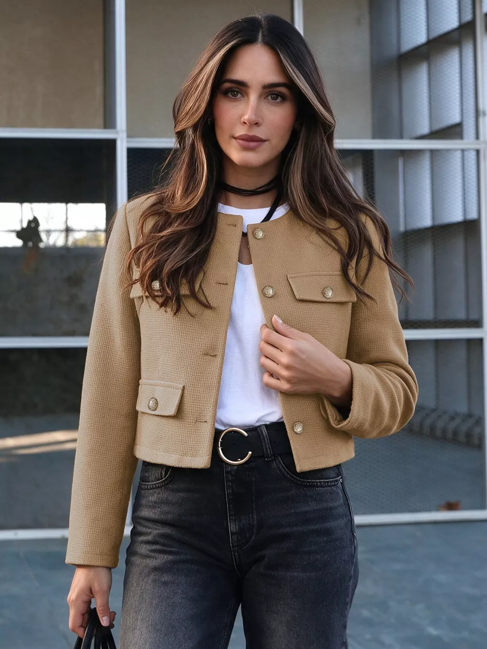 Textured Cropped Jacket with Gold-Tone Button, image 4