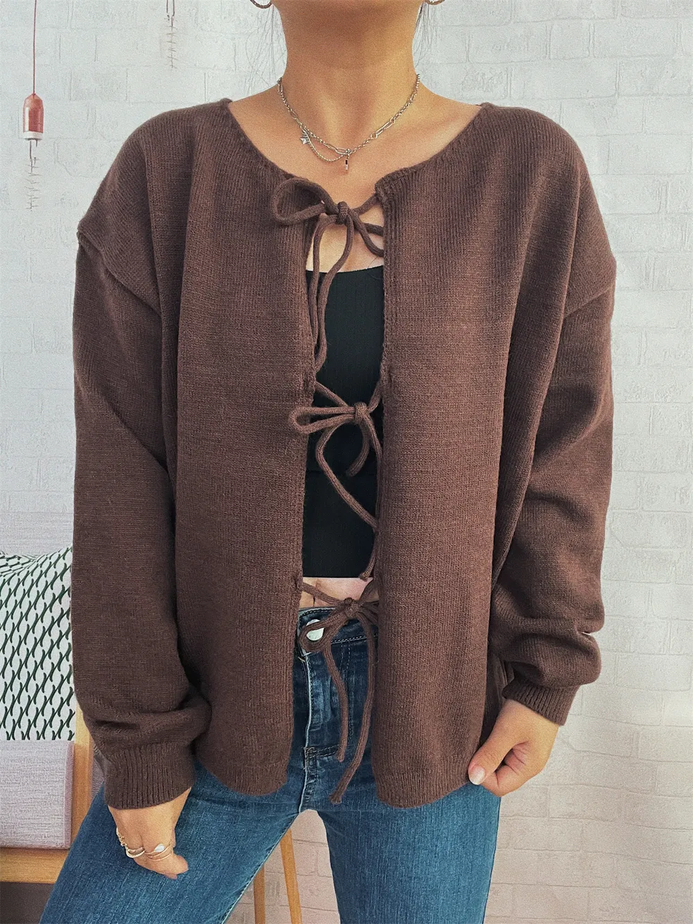 Tie Front Drop Shoulder Cardigan, image 10