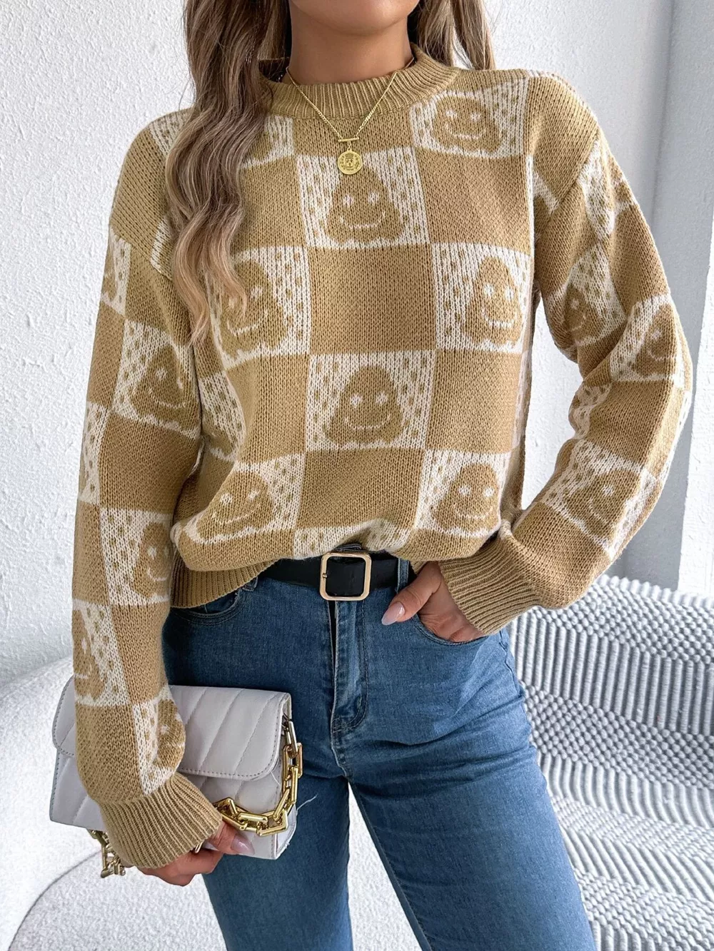 Checkerboard Halloween Graphic Sweater, image 8
