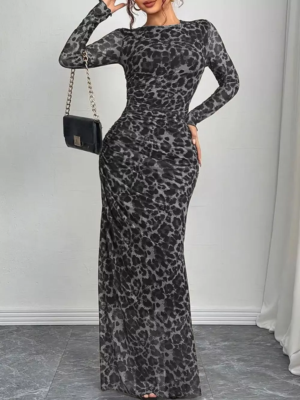 Leopard Ruched Bodycon Maxi Dress, image 5