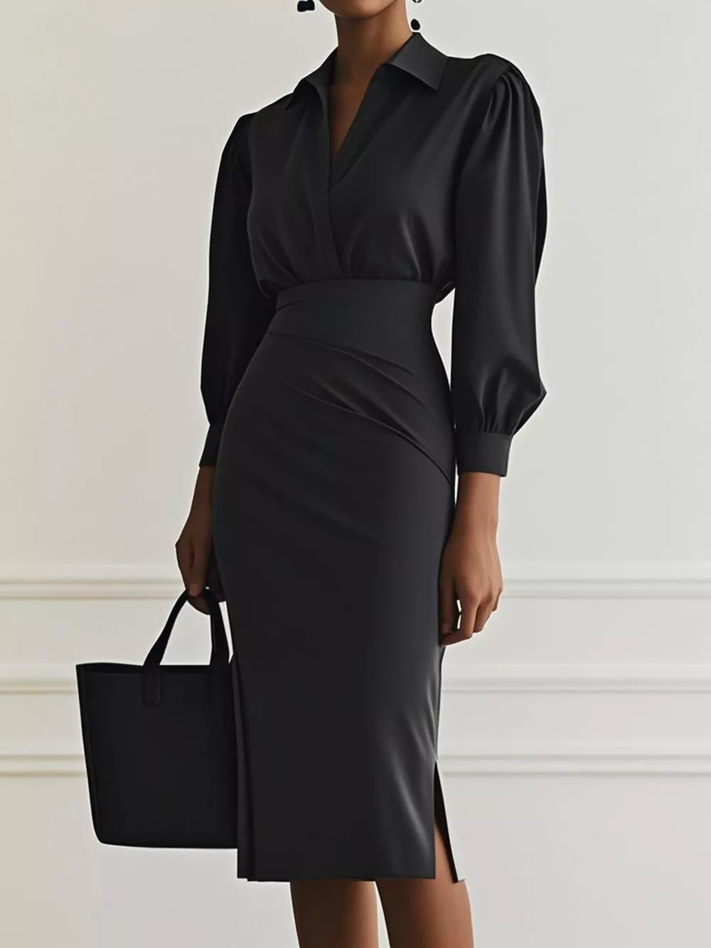 Ruched Midi Shirt Dress with Side Slit