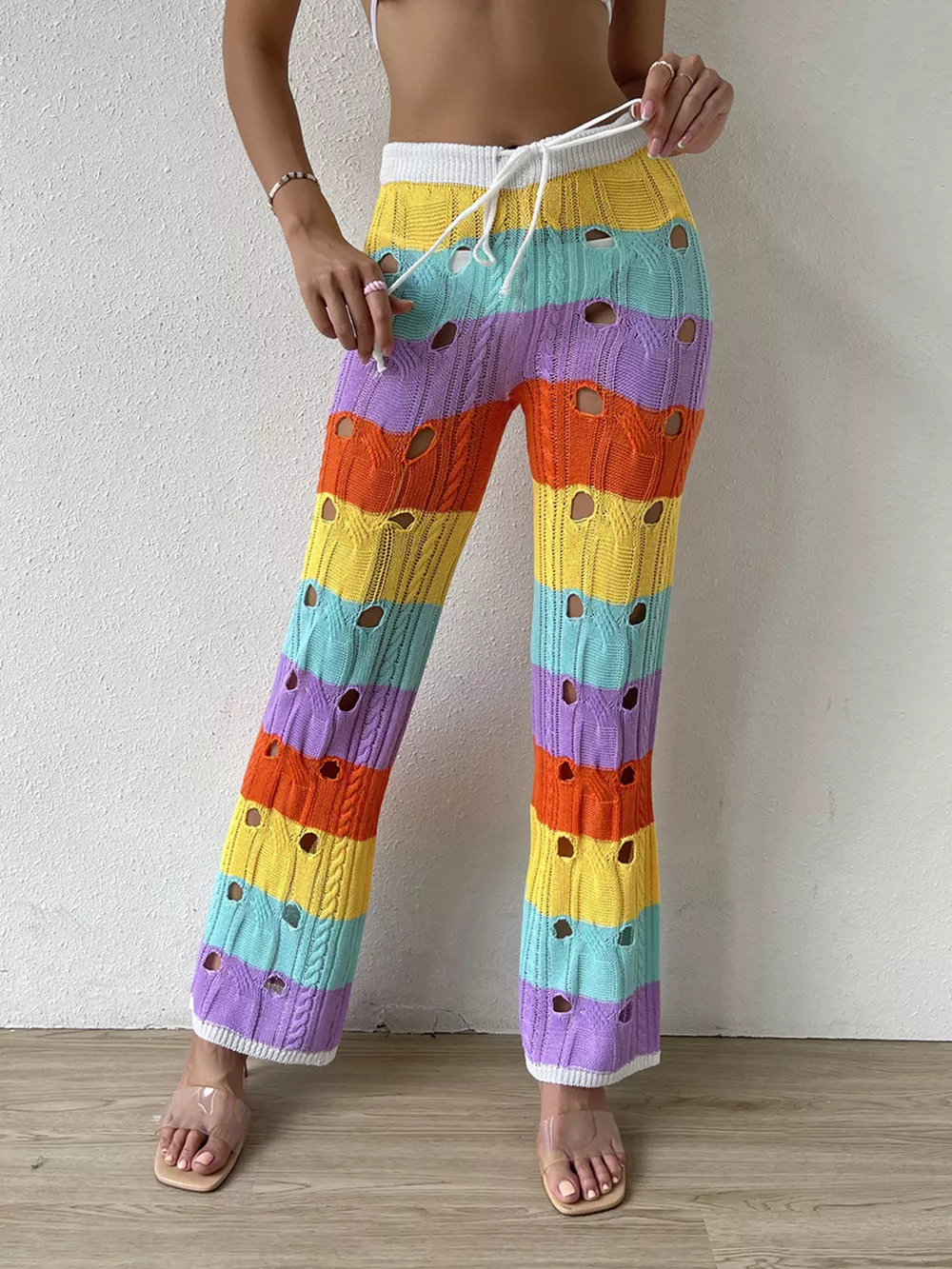 Striped Crochet Hollow-Out Knit Pants, image 3