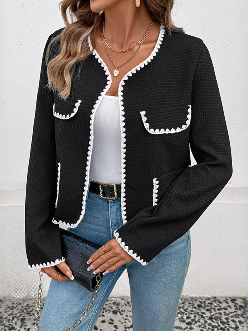Contrast Trim Open Front Jacket, image 8