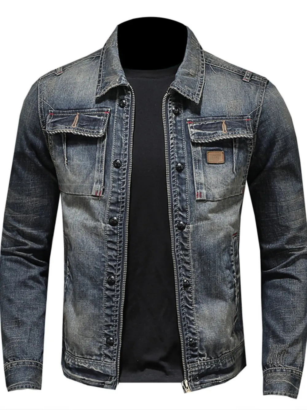 Men's Plus Size Washed Zip Up Denim Jacket with Chest Pockets, image 5