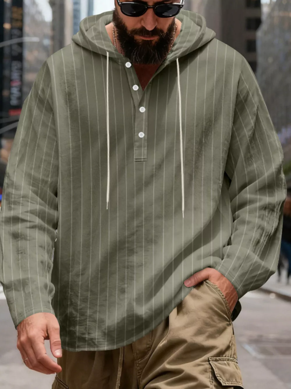 Men's Full Size Casual Striped Henley Hoodie with Drawstring Plus Size, image 6