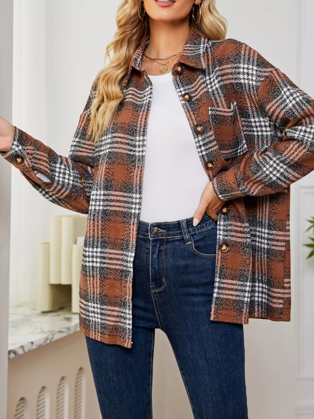 Plaid Button Up Long Sleeve Shacket, image 10