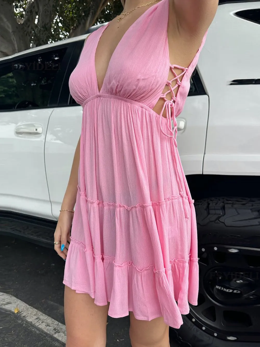 Deep V-Neck Tiered Mini Dress, image 7