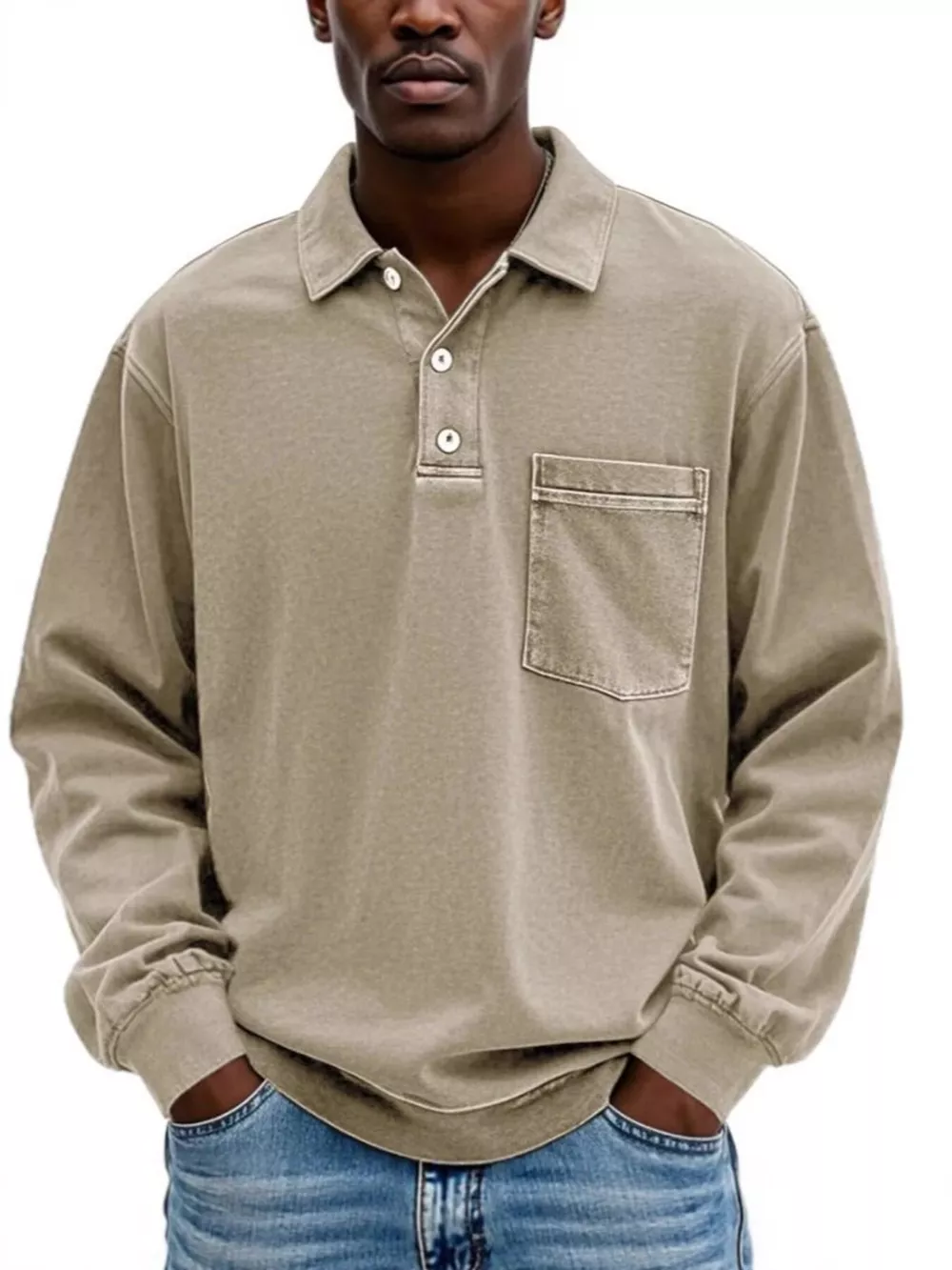 Men's Full Size Vintage Button Detail Long Sleeve Polo Plus Size, image 4