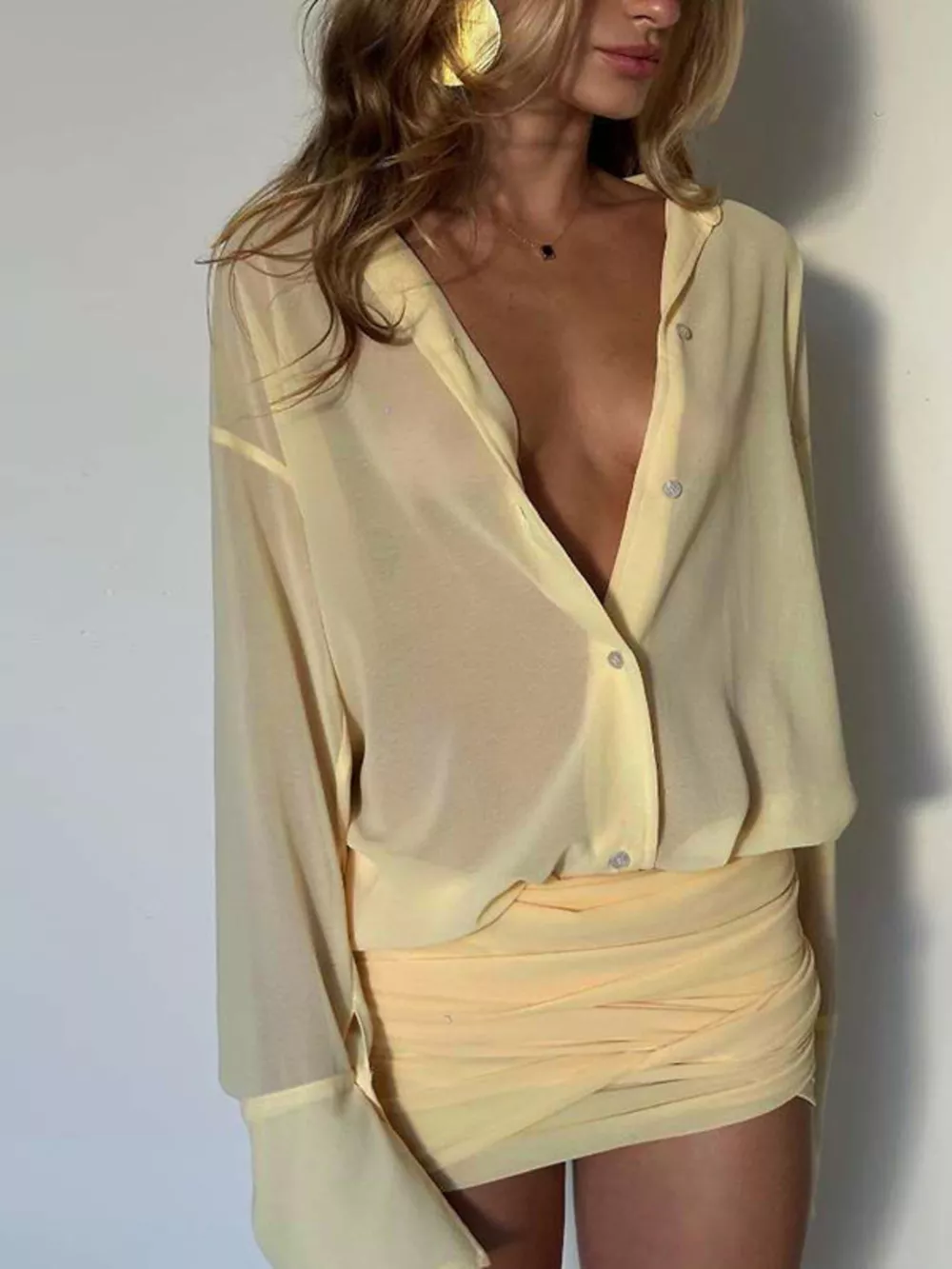 Sheer Button-Down Mini Shirt Dress with Back Tie, image 16