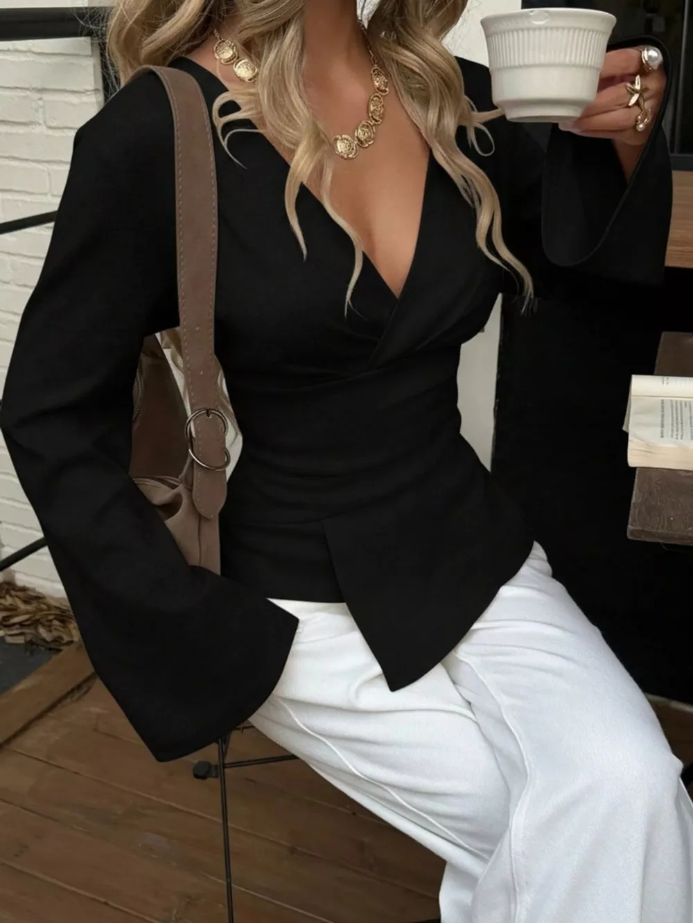 Elegant V-Neck Wrap Asymmetrical Blouse with Flared Sleeves, image 5