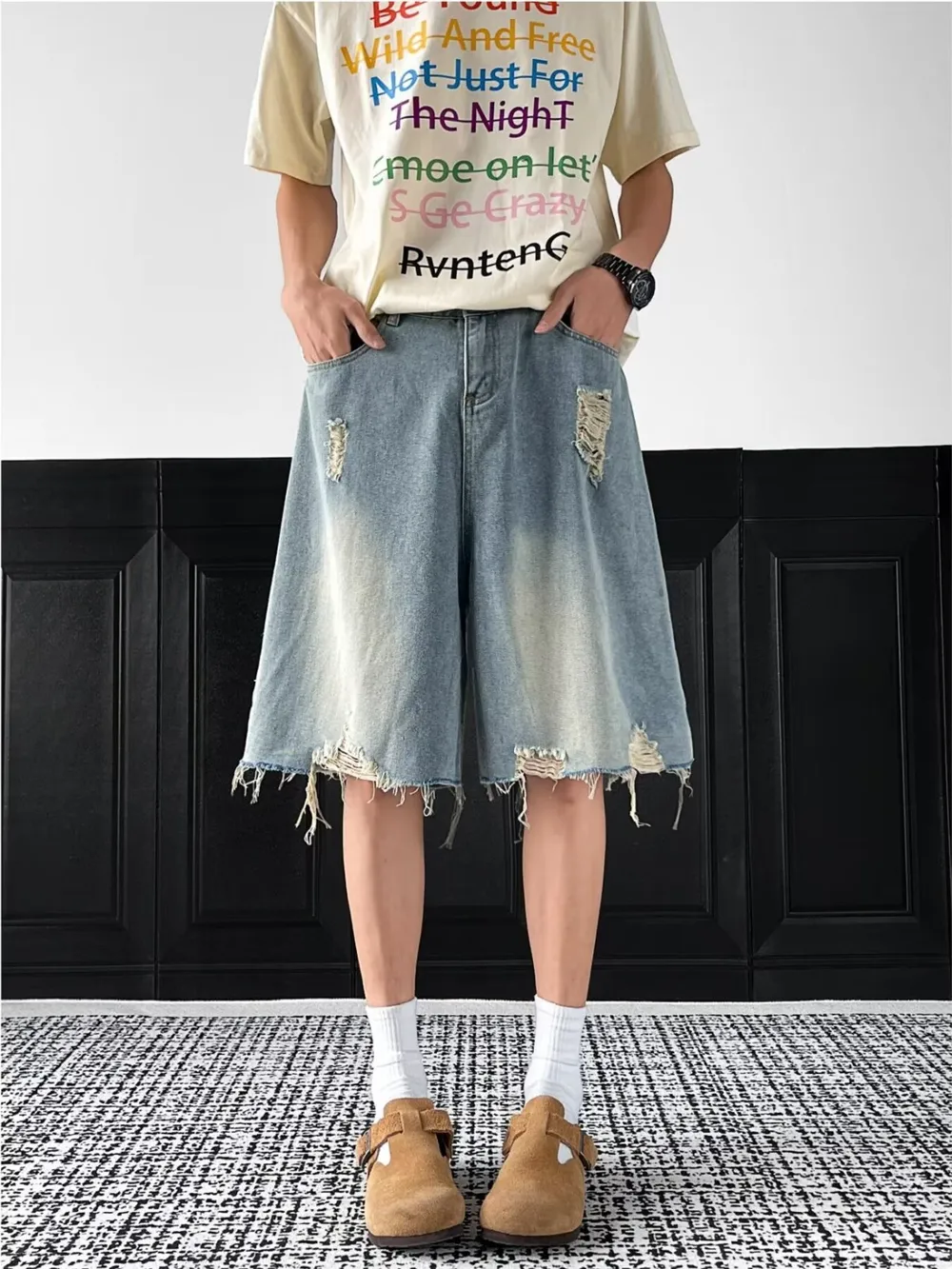 Men's Full Size Distressed Wide Leg Denim Shorts Plus Size, image 5