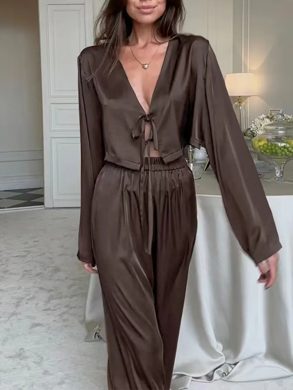 Tie-Front Crop Top and Pants Set, image 2
