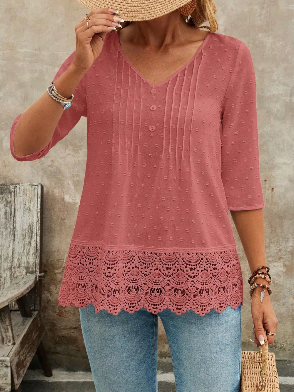 Lace Hem V-Neck Blouse, image 14