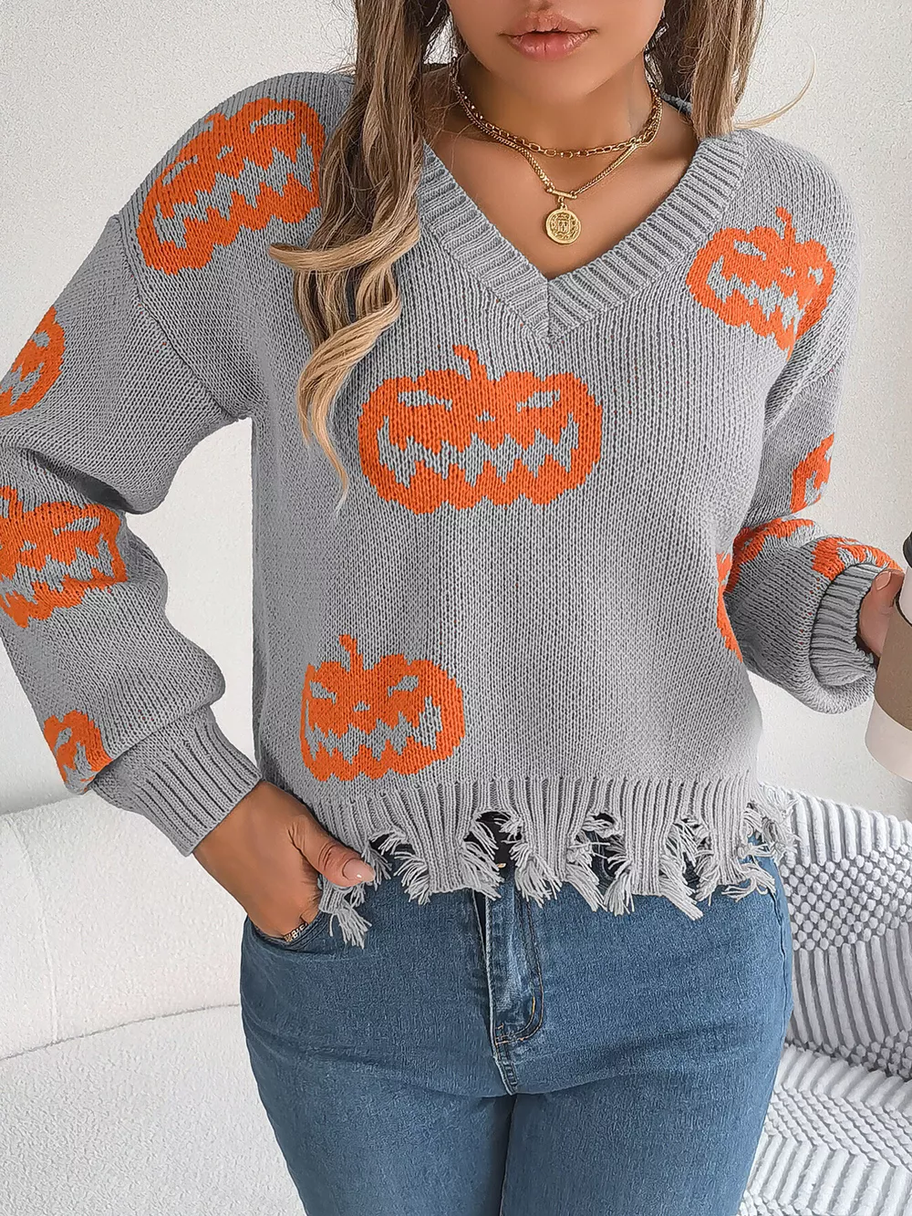 Pumpkin Distressed Hem Sweater, image 5