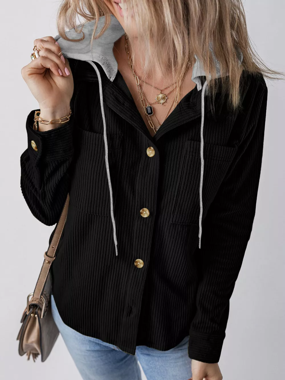 Plus Size Casual Corduroy Button-Down Hooded Jacket, image 2