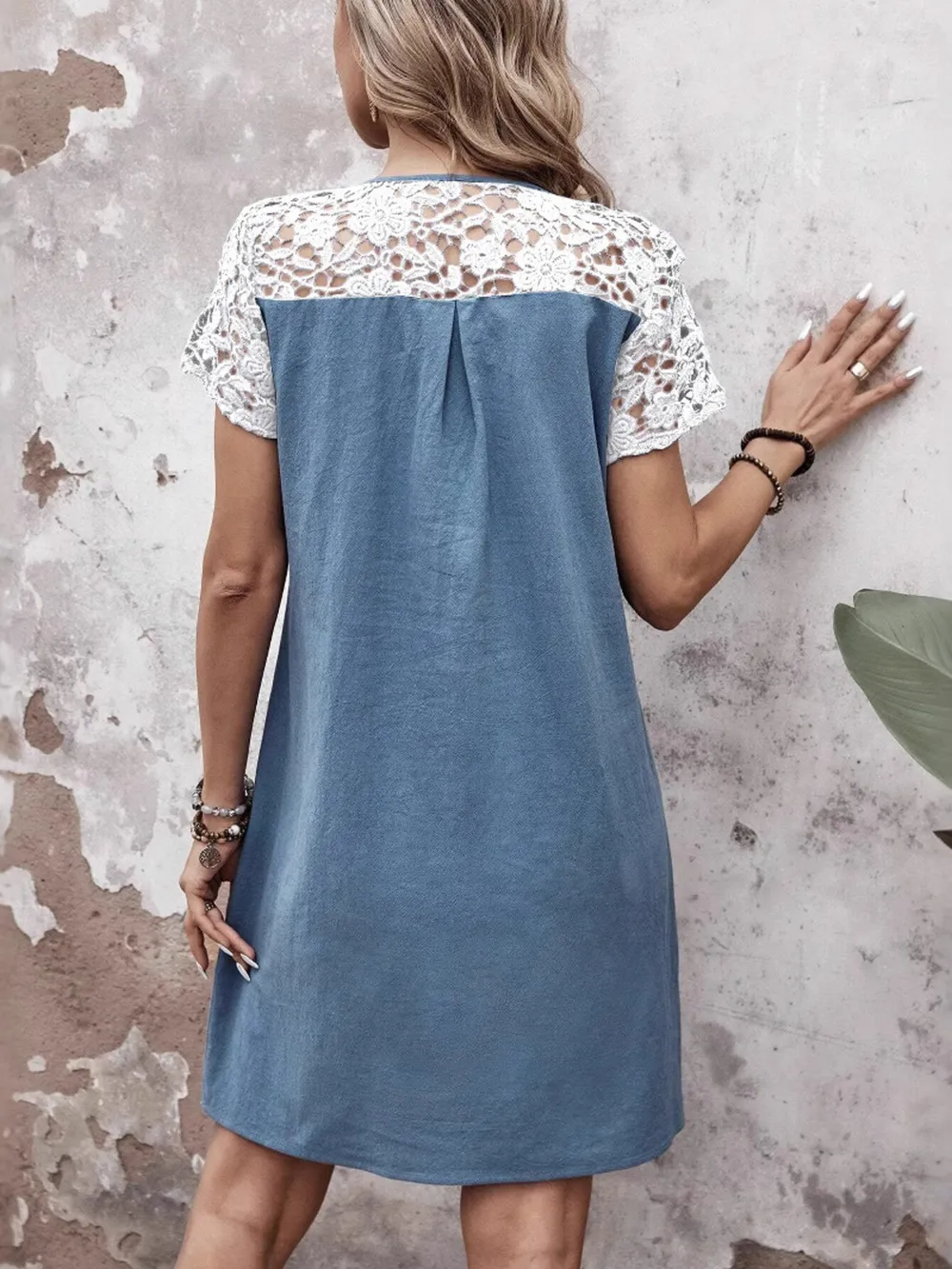 Lace Button Detail Round Neck Mini Dress, image 4