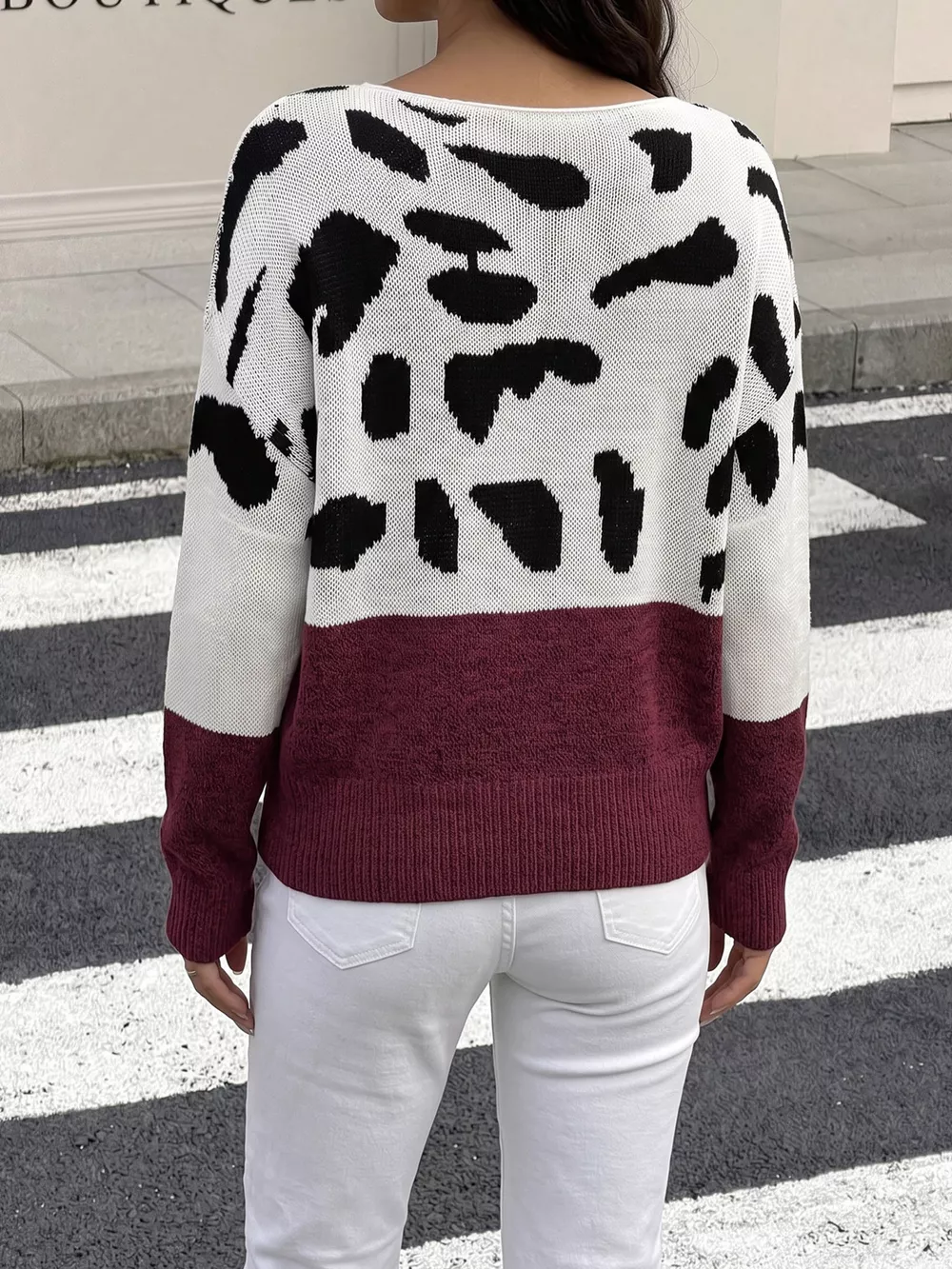 Full Size Off-Shoulder Colorblock Animal Print Sweater Plus Size, image 8