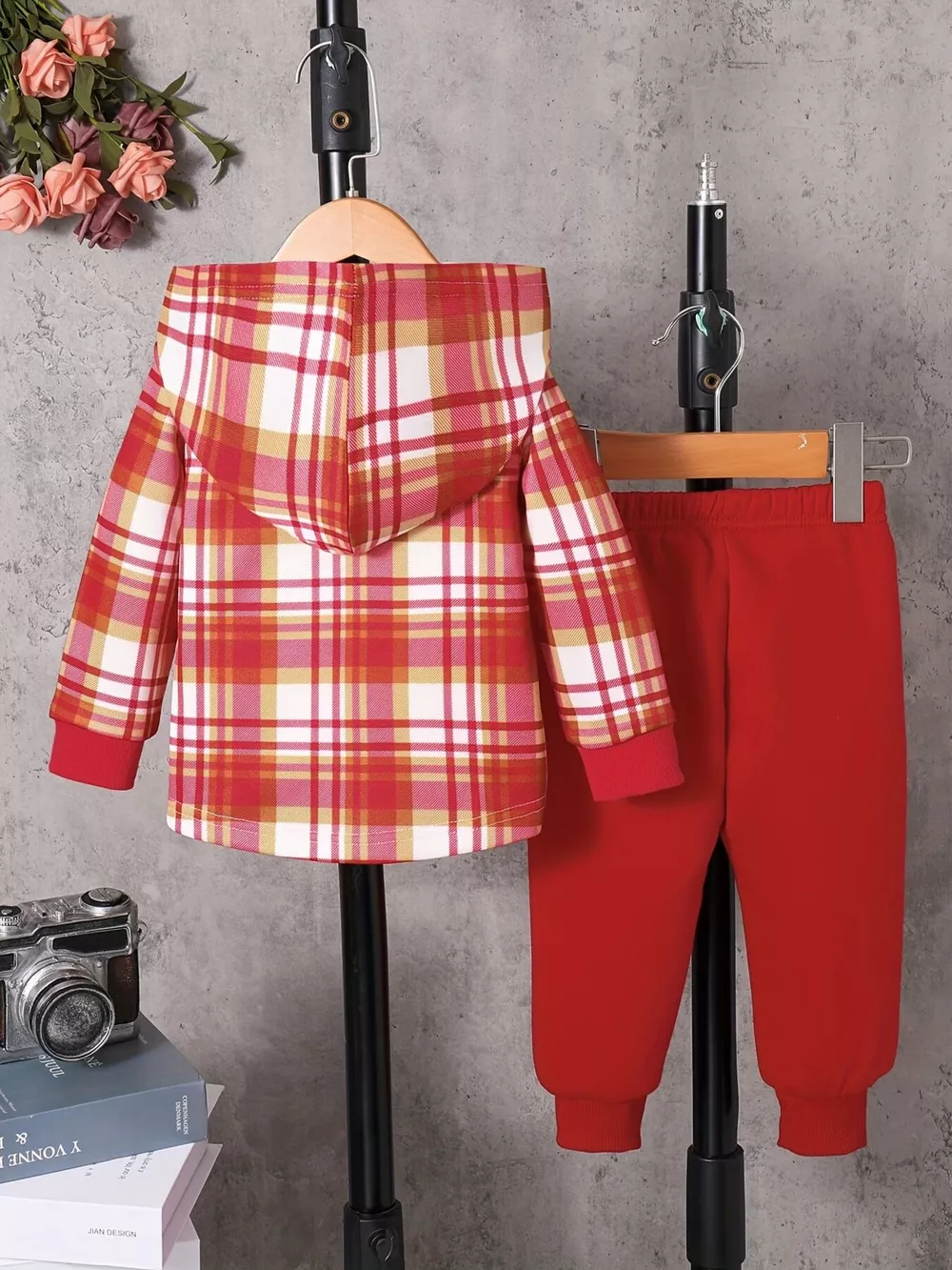 Children's Plaid Button Up Hooded Top & Pants Set, image 4