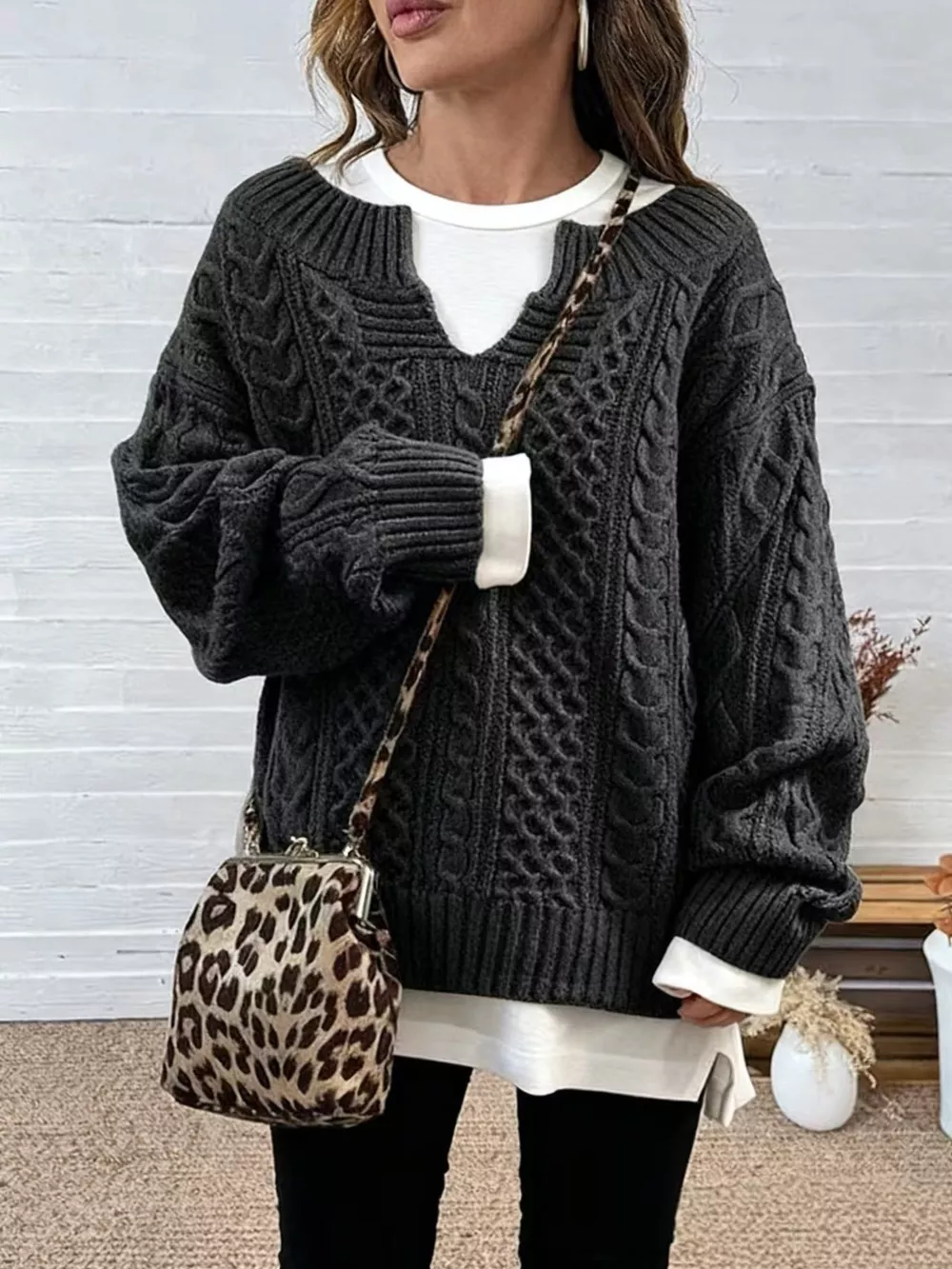 Full Size Cable Knit Dropped Shoulder Sweater Plus Size, image 4