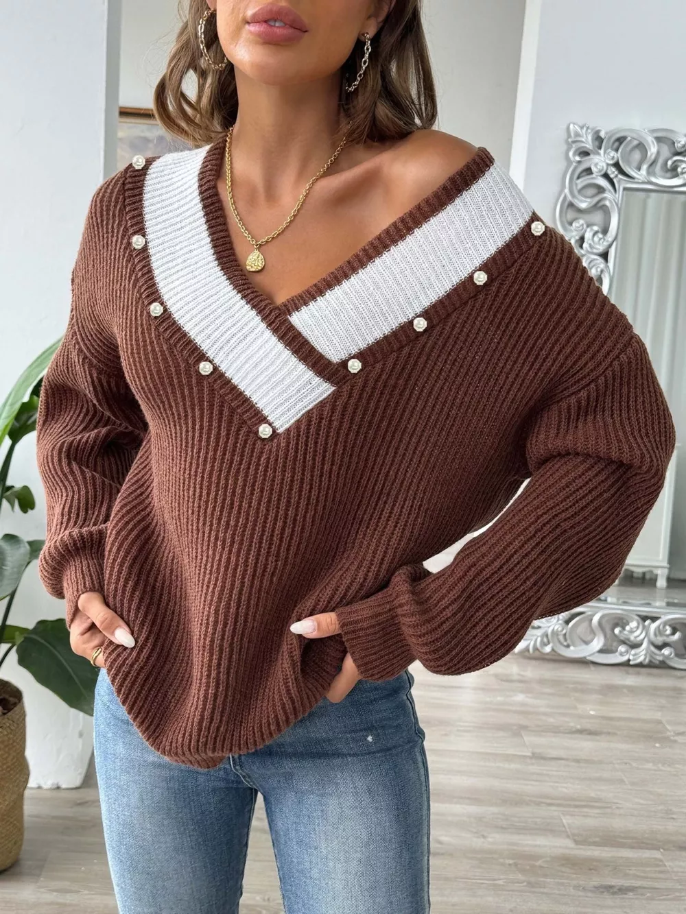V-Neck Button-Decorated Sweater, image 3