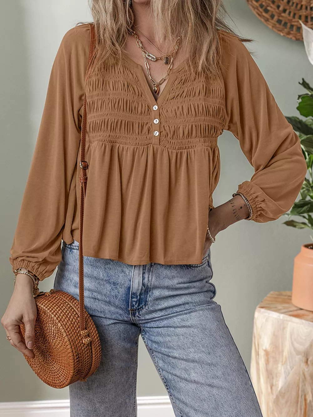 Smocked Buttoned Split V Neck Flow Fit Blouse, image 3