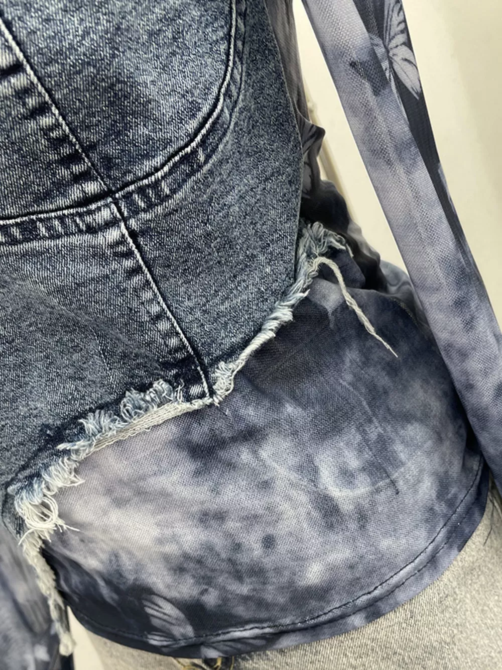 Asymmetrical Neck Denim Patchwork Top, image 5