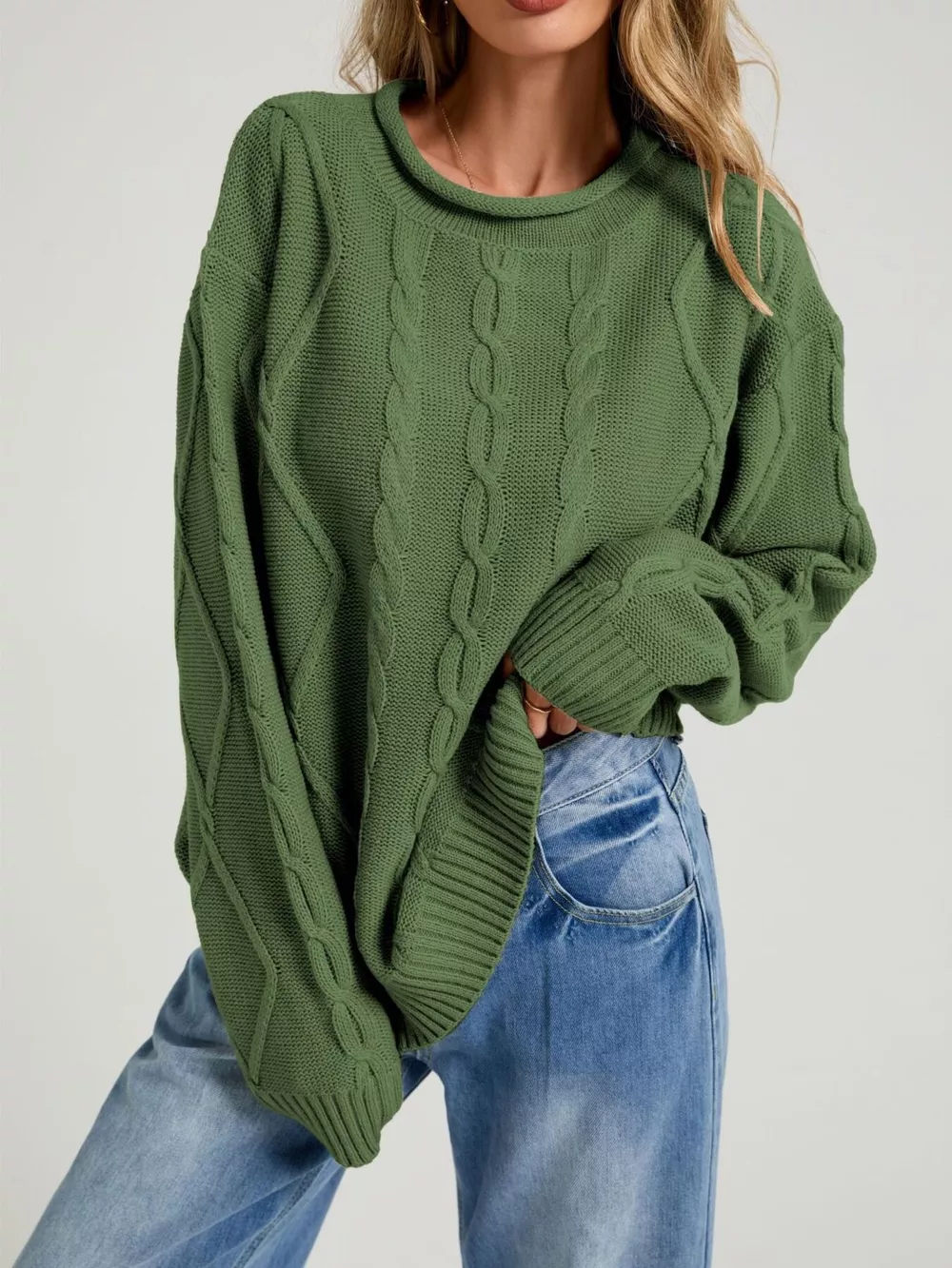 Cable Knit Ribbed Hem Sweater, image 4