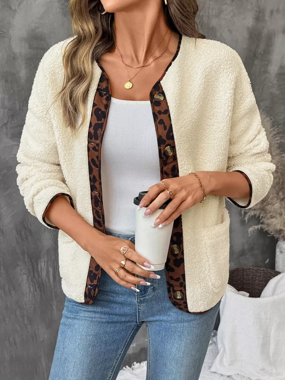 Leopard Trim Button Up Jacket, image 2
