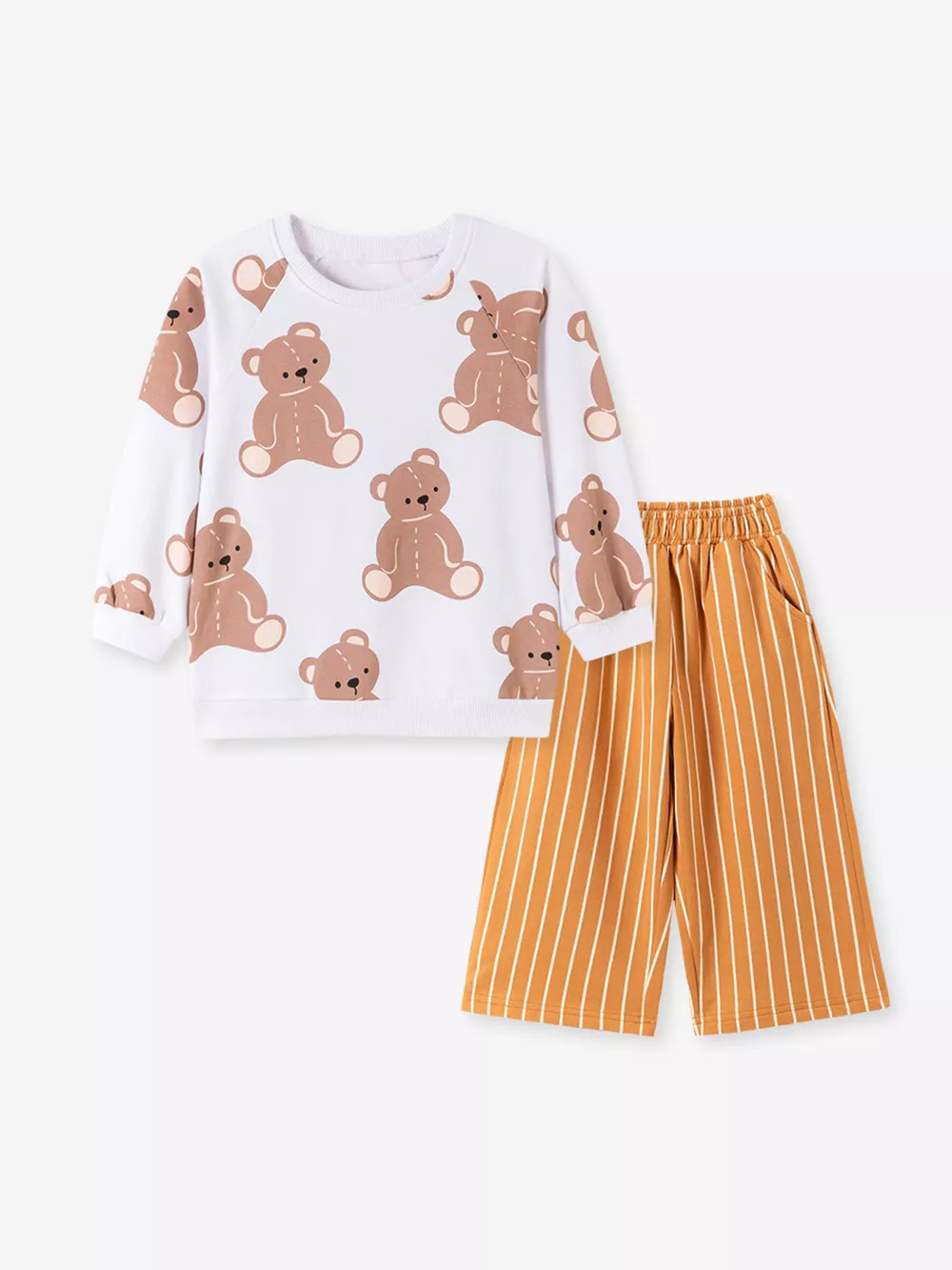 Children's Bear Print Sweatshirt and Striped Wide-Leg Pants Set, image 2