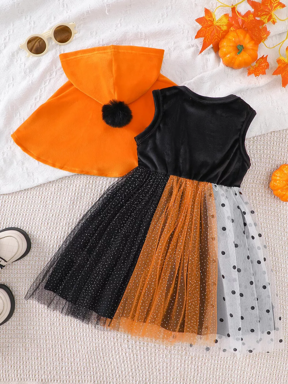 Children's Halloween Pumpkin Hooded Cape and Polka Dot Tulle Dress Set, image 9