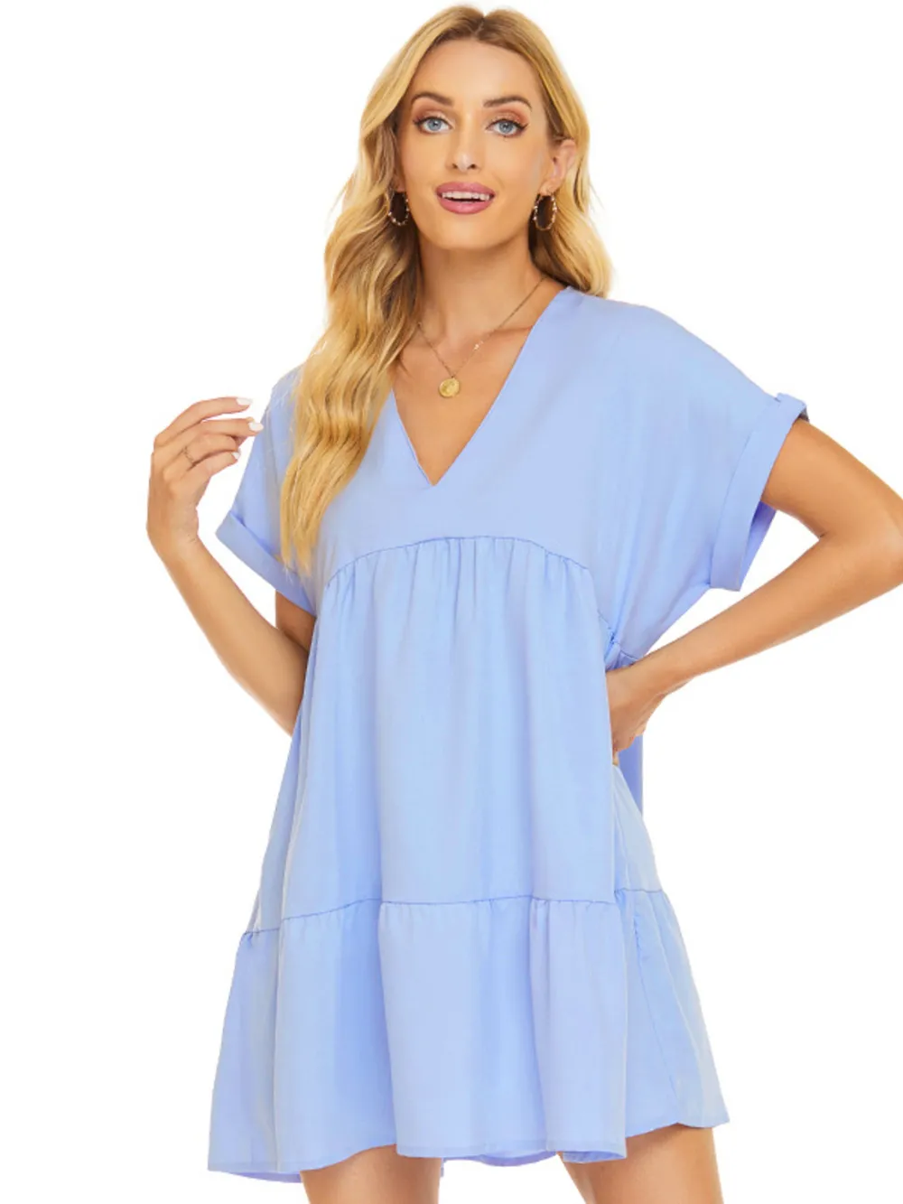V-Neck Babydoll Tiered Mini Dress, image 8