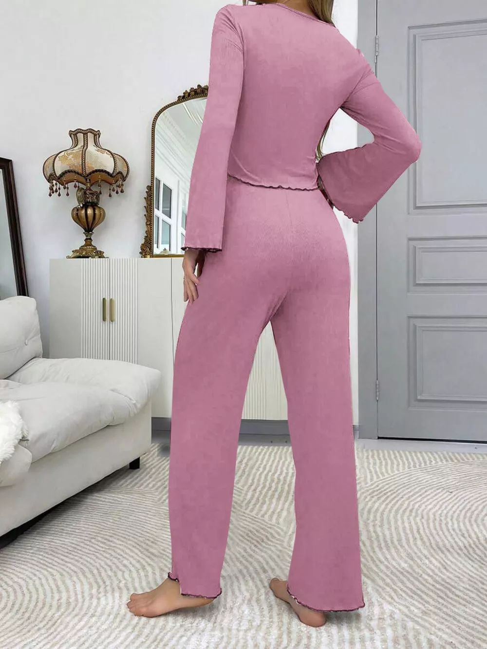 Lace Detail Flare Sleeves Top and Pants Lounge Set, image 5