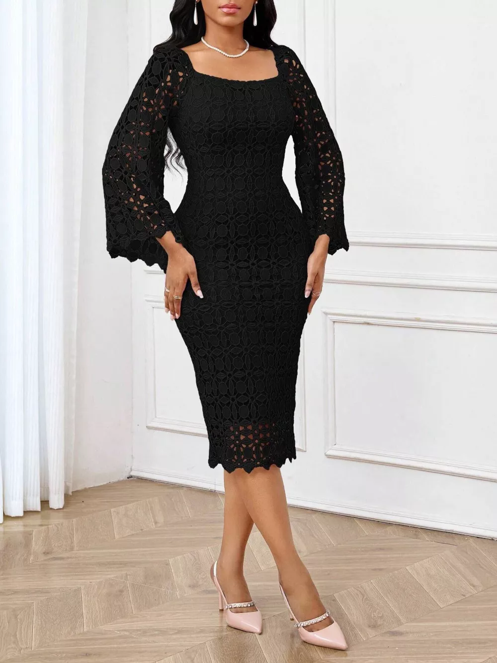 Lace Square Neck Midi Dress, image 11